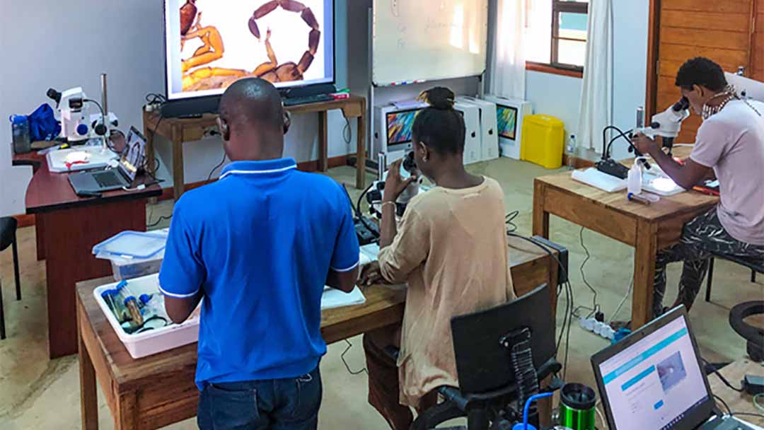 Mozambican Students attend a workshop in the  E.O. Wilson Laboratory at Gorongosa National Park. Mozambique